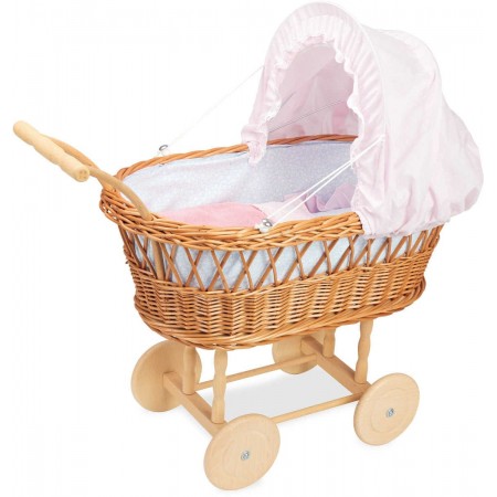 Wózek wiklinowy dla lalek pościel różowa, Petitcollin