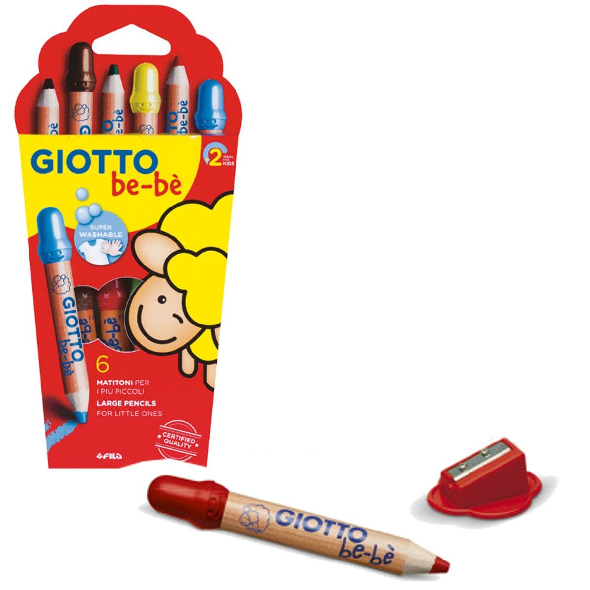 Giotto Bebe 6 kredek z temperówką dla 2 latków, grube i wytrzymałe