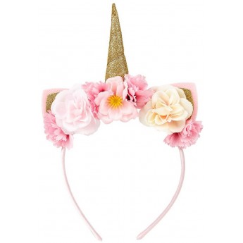 Opaska z rogiem jednorożca i kwiatuszkami złoto-różowa, Souza!