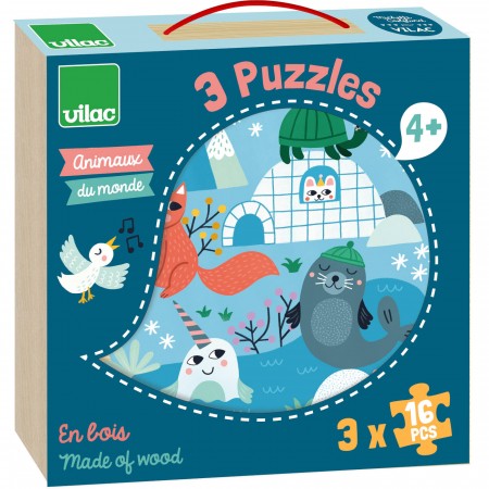 Vilac Zwierzęta Świata puzzle 3x16 elementów drewniane