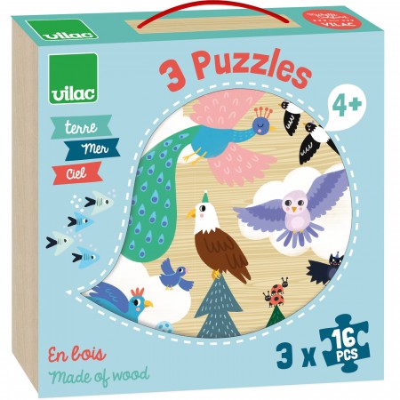 Vilac Na lądzie, Morzu i w Powietrzu Puzzle 3x16 elementów drewniane Vilac Na lądzie, Morzu i w Powietrzu Puzzle 3x16 elementów drewniane