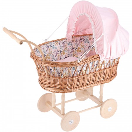 Wózek wiklinowy dla lalek do 40cm Wiosenne Kwiaty, Petitcollin Wózek wiklinowy dla lalek do 40cm Wiosenne Kwiaty, Petitcollin