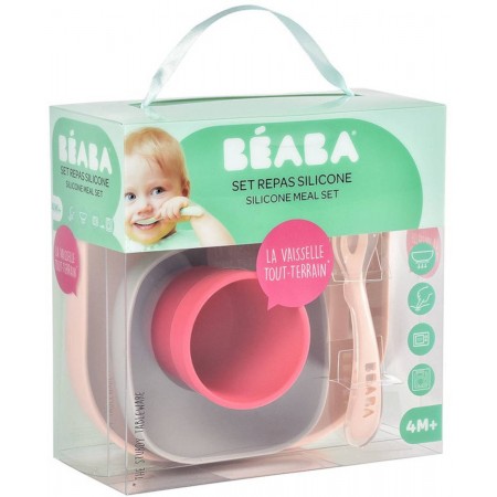Beaba Komplet naczyń z silikonu z przyssawką pink Beaba Komplet naczyń z silikonu z przyssawką pink