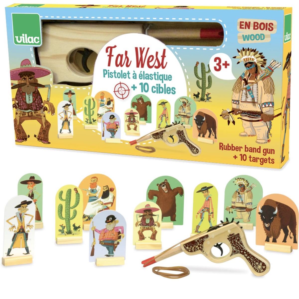 Drewniany pistolet na gumki Kowboje gra zręcznościowa, Vilac