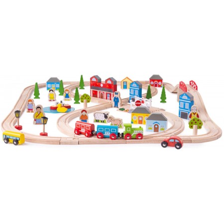 Kolejka drewniana i tor samochodowy 80 elementów, Bigjigs Rail