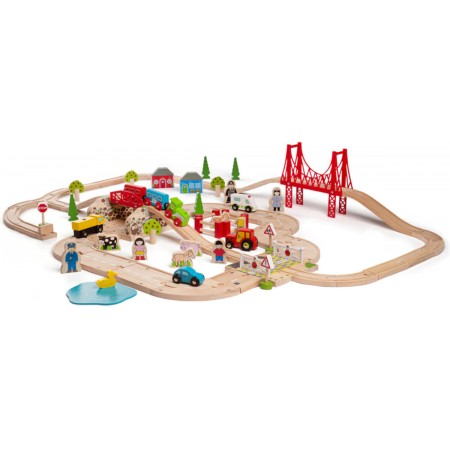 Kolejka drewniana Miasto i Wieś 80 elementów, Bigjigs Rail