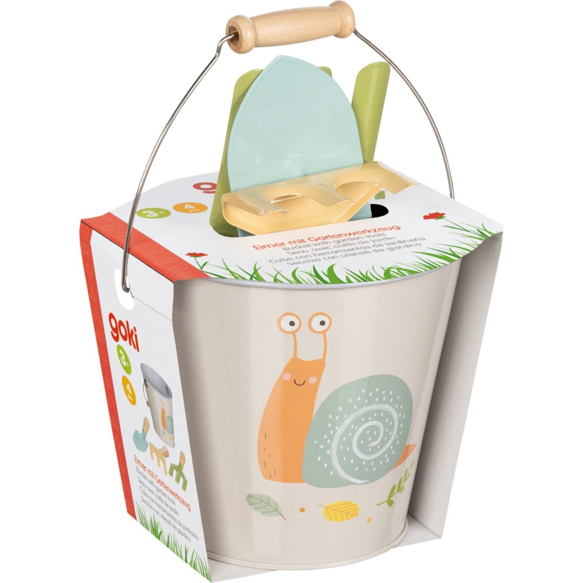 Wiaderko z narzędziami do zabawy w piasku i ogrodu, Goki