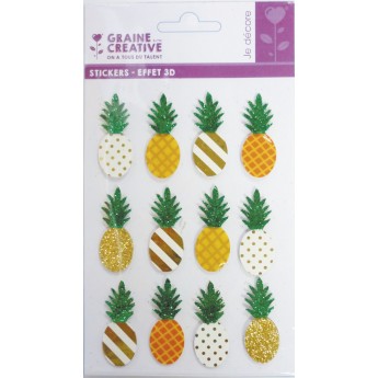 Naklejki 3D Ananasy z brokatem 12 sztuk, Graine Creative