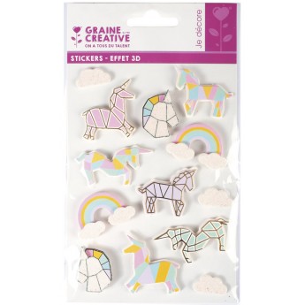 Naklejki 3D Jednorożce z brokatem 13 sztuk, Graine Creative