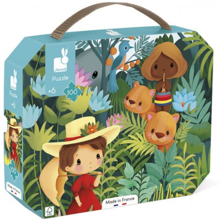 Puzzle 100 Obraz inspirowany twórczością Rousseau w walizce, Janod Puzzle 100 Obraz inspirowany twórczością Rousseau w walizce, Janod