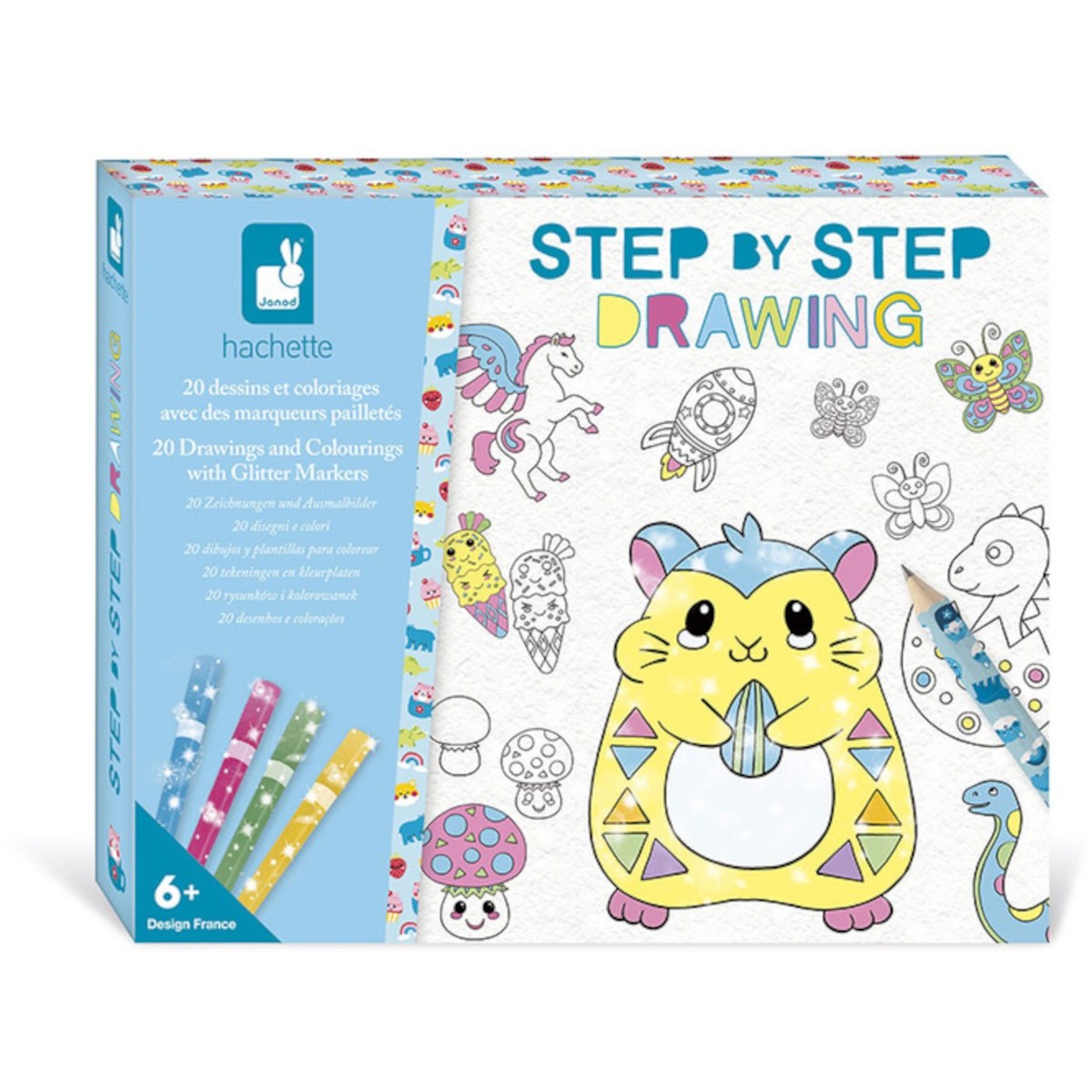 Zestaw kreatywny Rysowanie krok po kroku z brokatowymi markerami 20 rysunków i kolorowanek +6, Janod