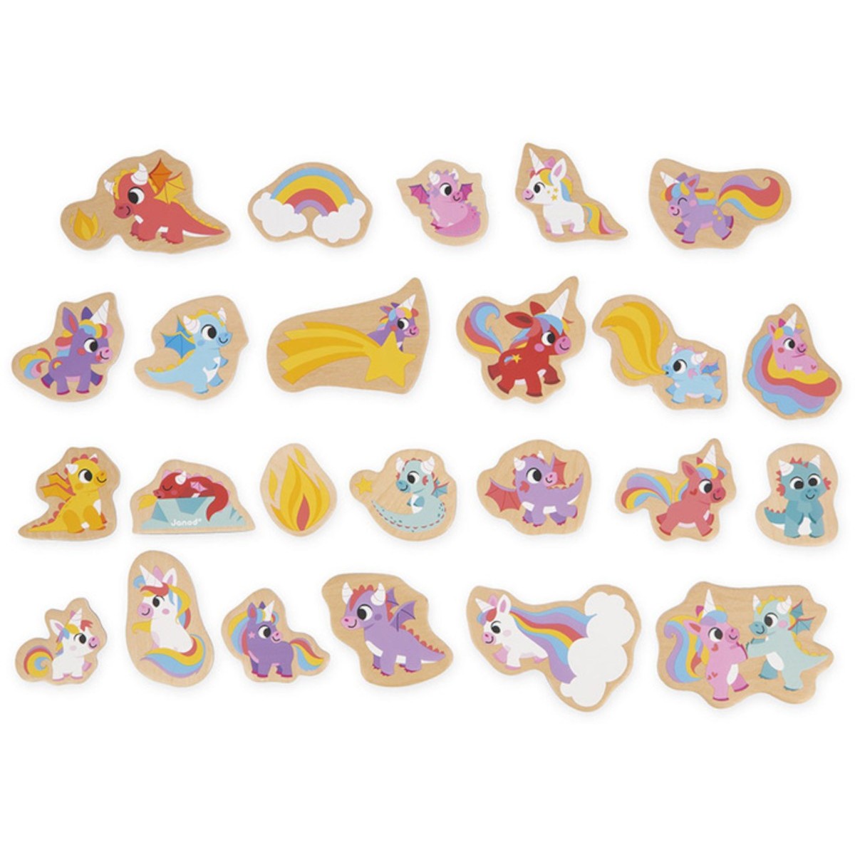 Magnesy drewniane Jednorożce i smoki 24 szt dla 2-latka, Janod
