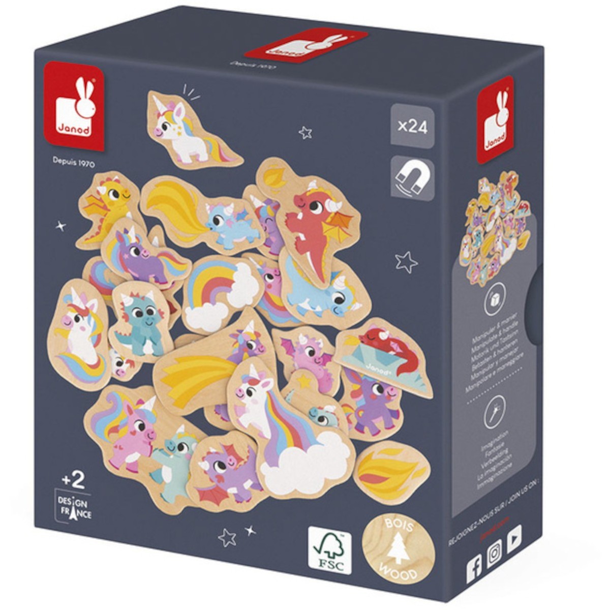 Magnesy drewniane Jednorożce i smoki 24 szt dla 2-latka, Janod