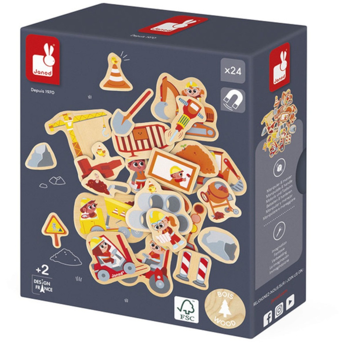 Magnesy drewniane Plac budowy 24 szt dla 2-latka, Janod