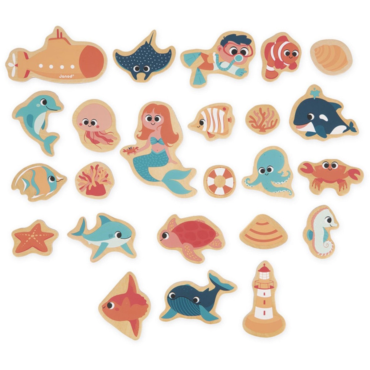Magnesy drewniane Podwodny świat 24 szt dla 2-latka, Janod