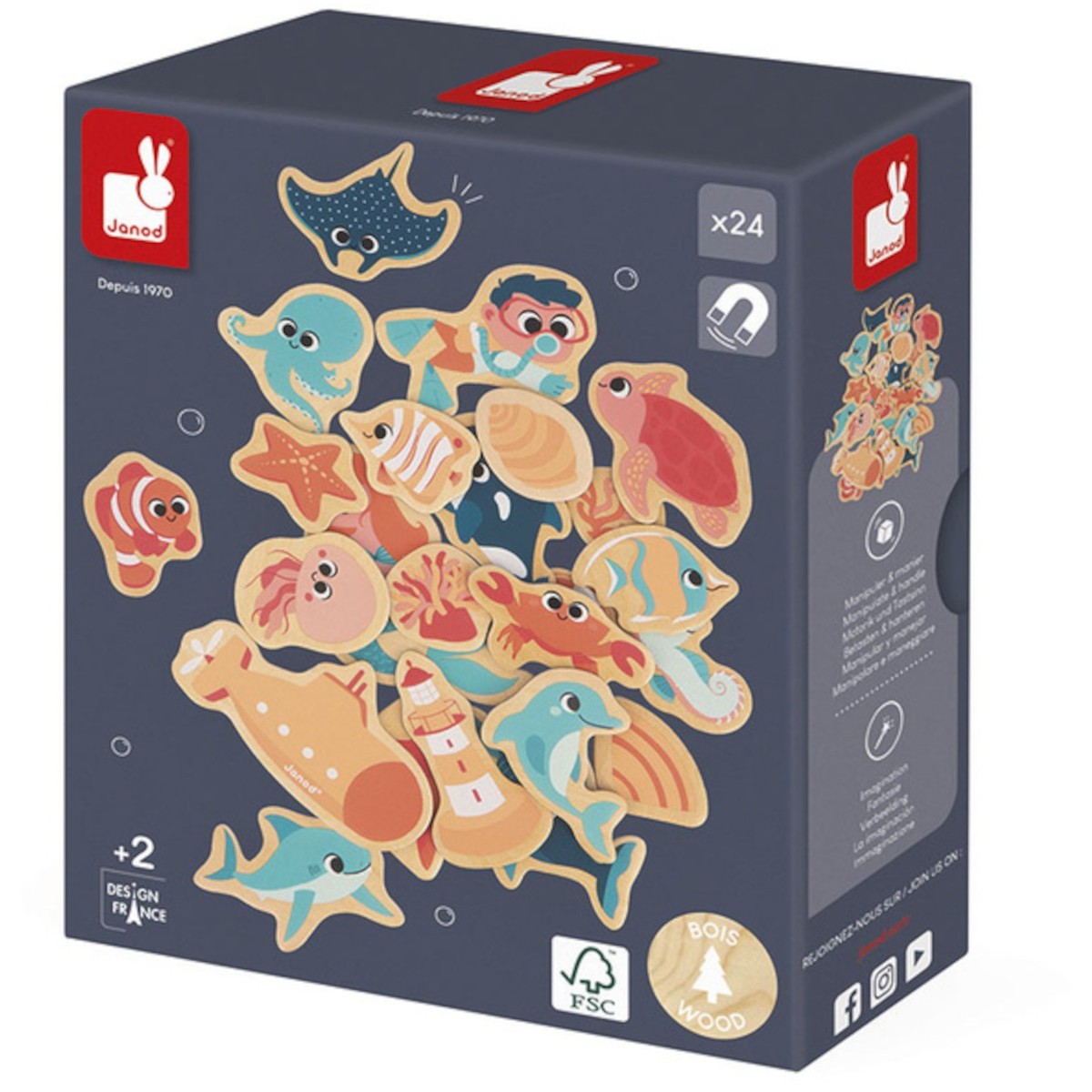 Magnesy drewniane Podwodny świat 24 szt dla 2-latka, Janod