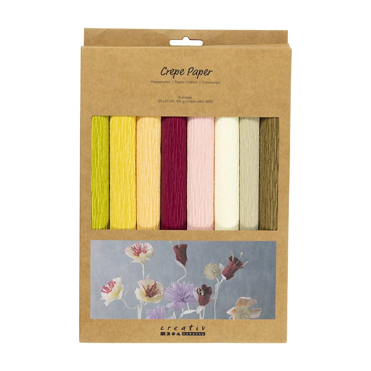 Krepina stonowane kolory, 8 rolek 25x60 cm, stopień krepowania: 180%, 105 g