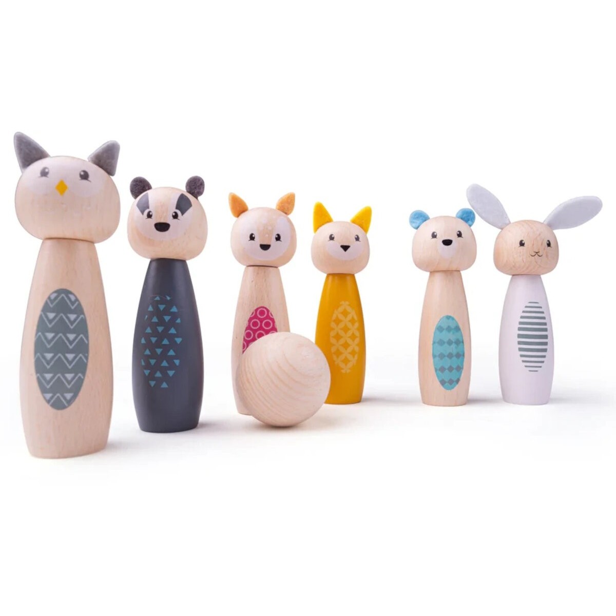 Małe drewniane kręgle 9cm Las zabawka +2, BigJigs