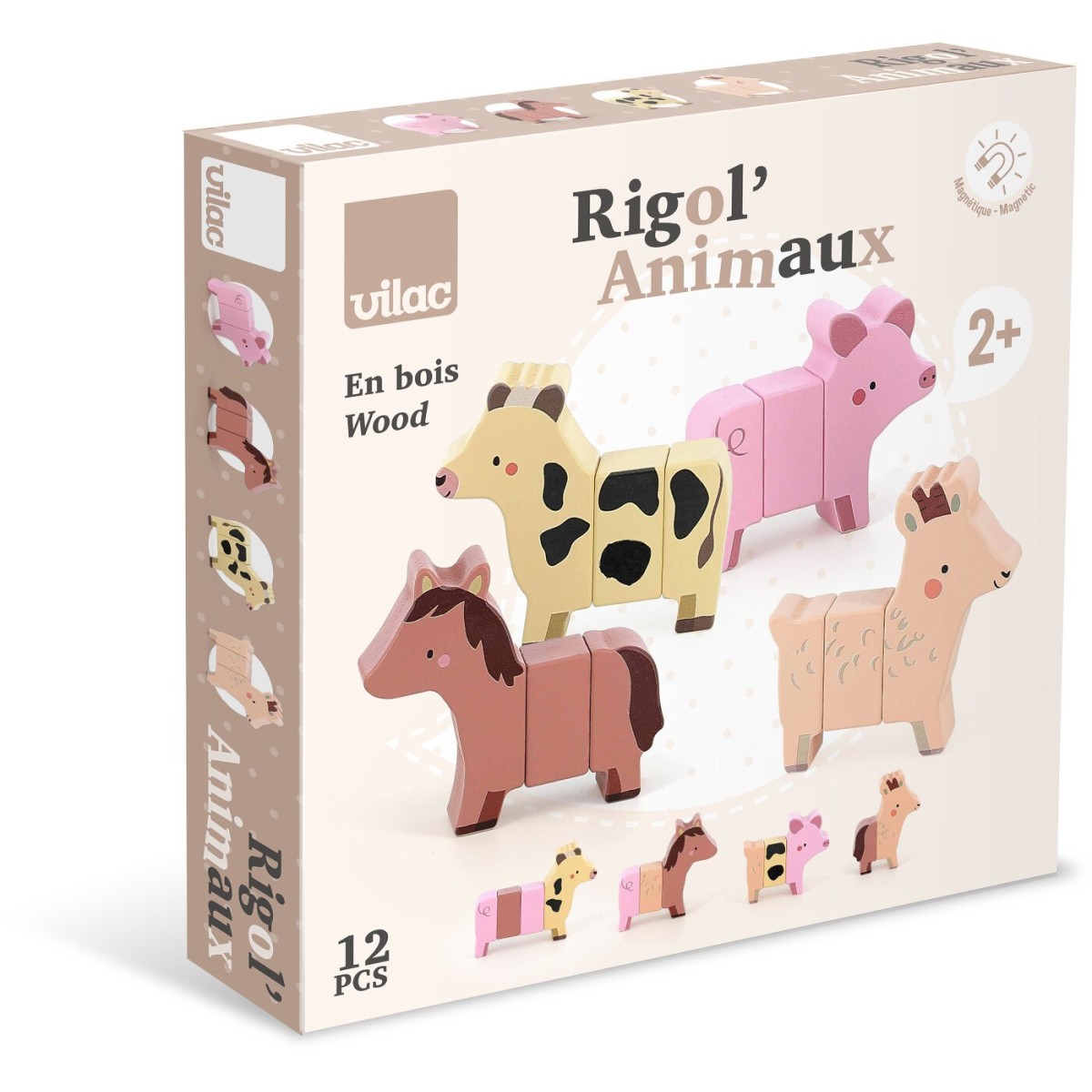 Zabawne Zwierzęta z Farmy klocki drewniane magnetyczne Vilac 7116