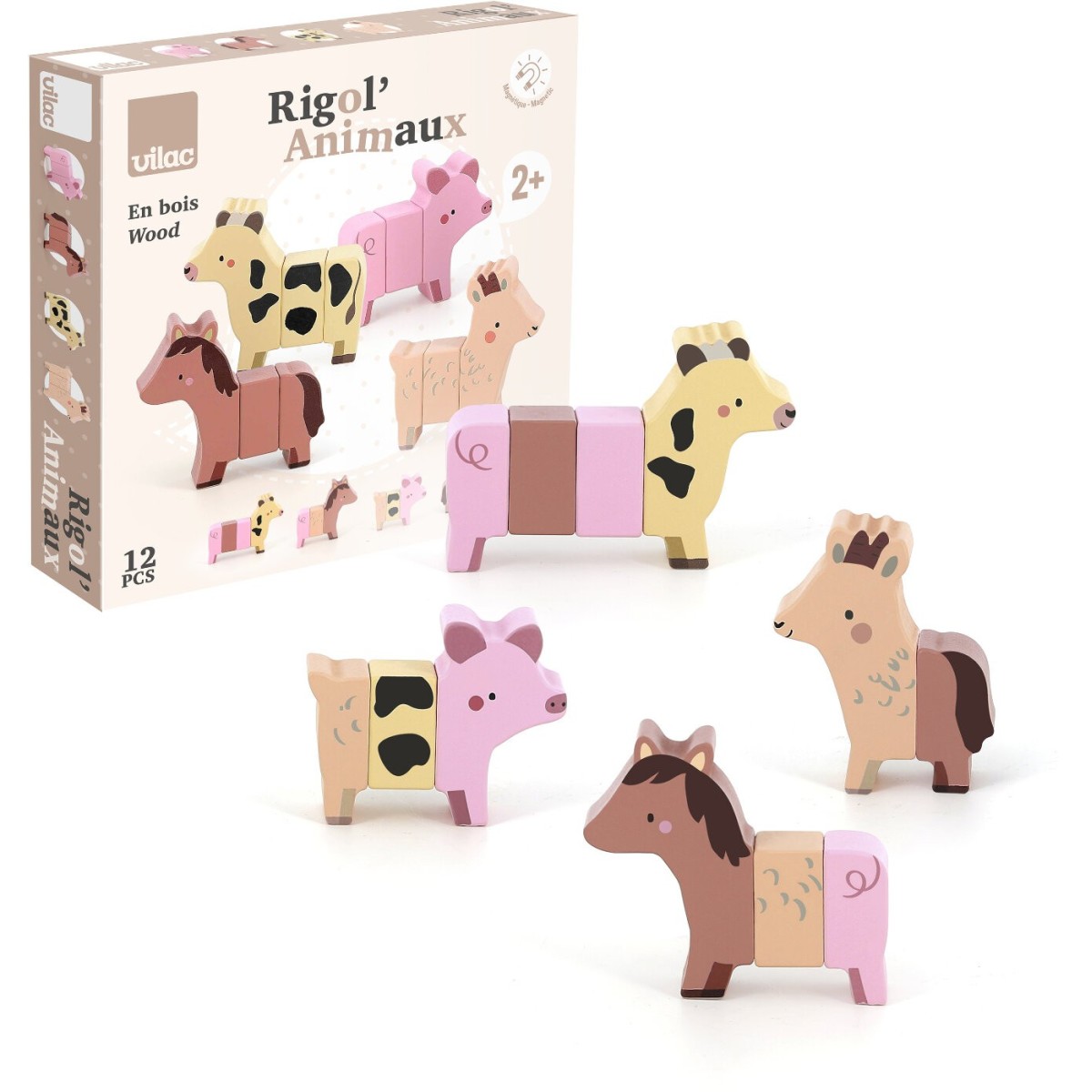 Zabawne Zwierzęta z Farmy klocki drewniane magnetyczne Vilac 7116