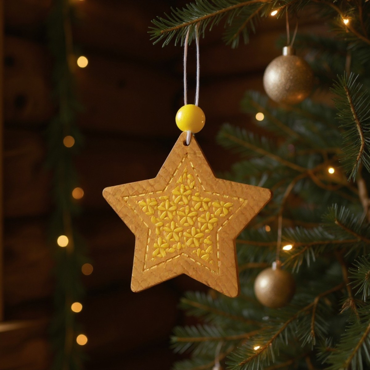 Gwiazda ciemnożółta, świąteczna zawieszka drewniana | Dadum
