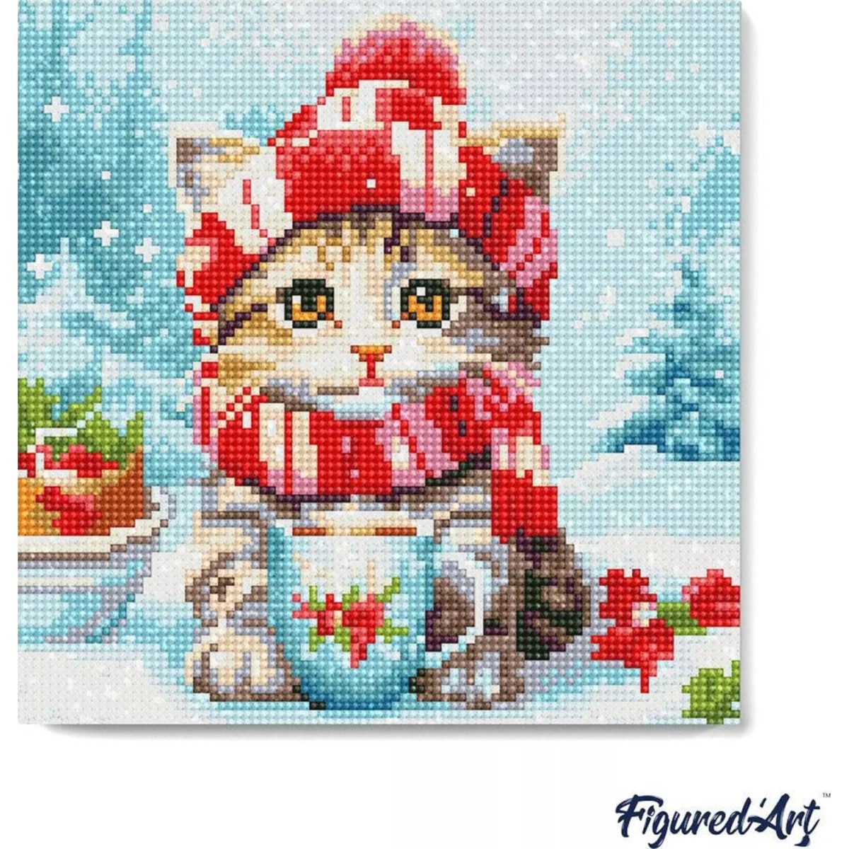 Świąteczny haft diamentowy - Uroczy kot z czerwonym szalikiem -  25x25 cm z ramką