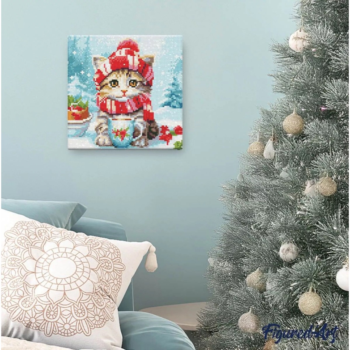 Świąteczny haft diamentowy - Uroczy kot z czerwonym szalikiem -  25x25 cm z ramką