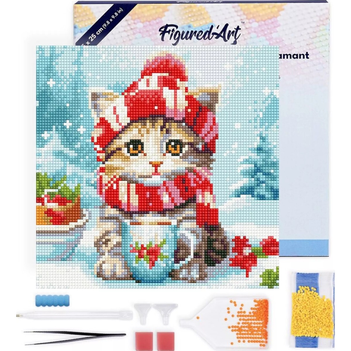 Świąteczny haft diamentowy - Uroczy kot z czerwonym szalikiem -  25x25 cm z ramką