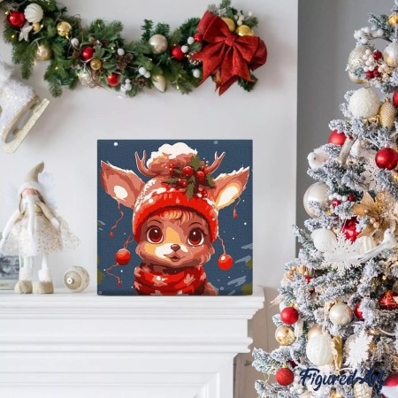 Świąteczne malowanie po numerach - Uroczy renifer - 20 x 20 cm z ramką