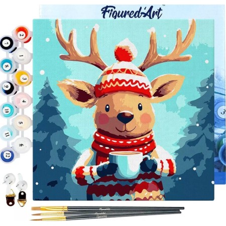 Świąteczne malowanie po numerach - Renifer w sweterku - 20 x 20 cm z ramką