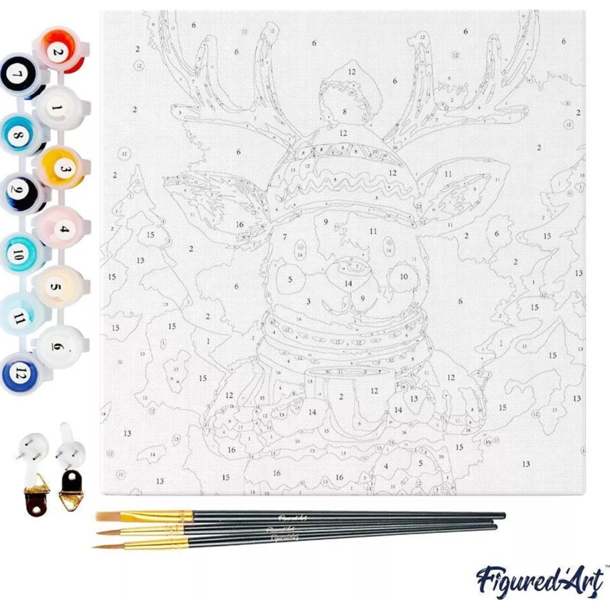 Świąteczne malowanie po numerach - Renifer w sweterku - 20 x 20 cm z ramką