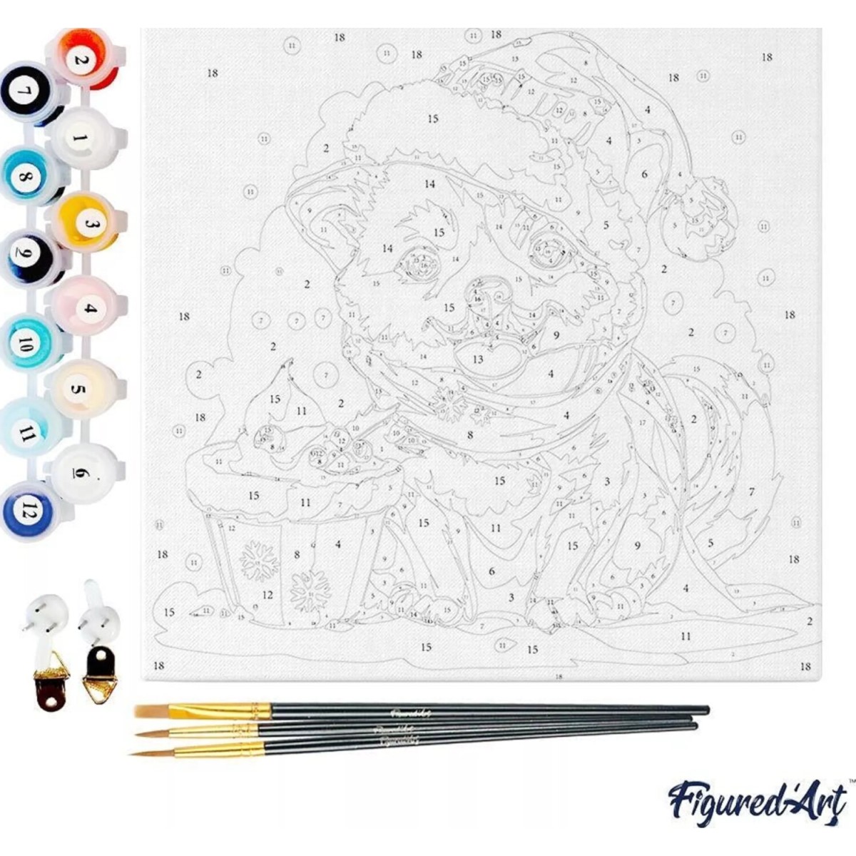 Świąteczne malowanie po numerach - Szczeniak z szalikiem - 20 x 20 cm z ramką