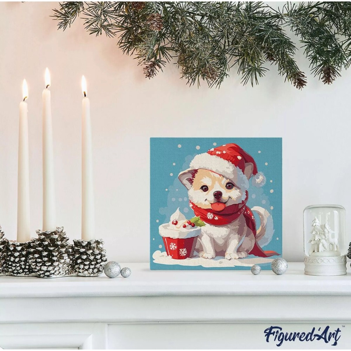 Świąteczne malowanie po numerach - Szczeniak z szalikiem - 20 x 20 cm z ramką