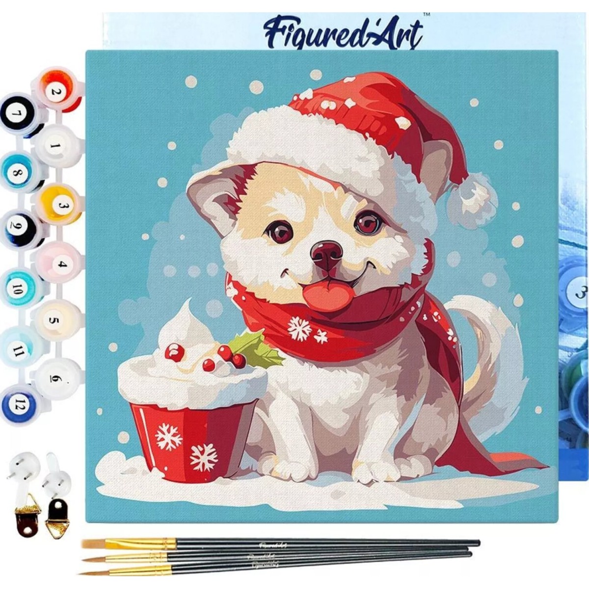 Świąteczne malowanie po numerach - Szczeniak z szalikiem - 20 x 20 cm z ramką