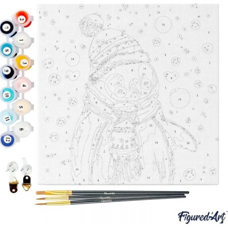 Świąteczne malowanie po numerach - Pingwin - 20 x 20 cm z ramką