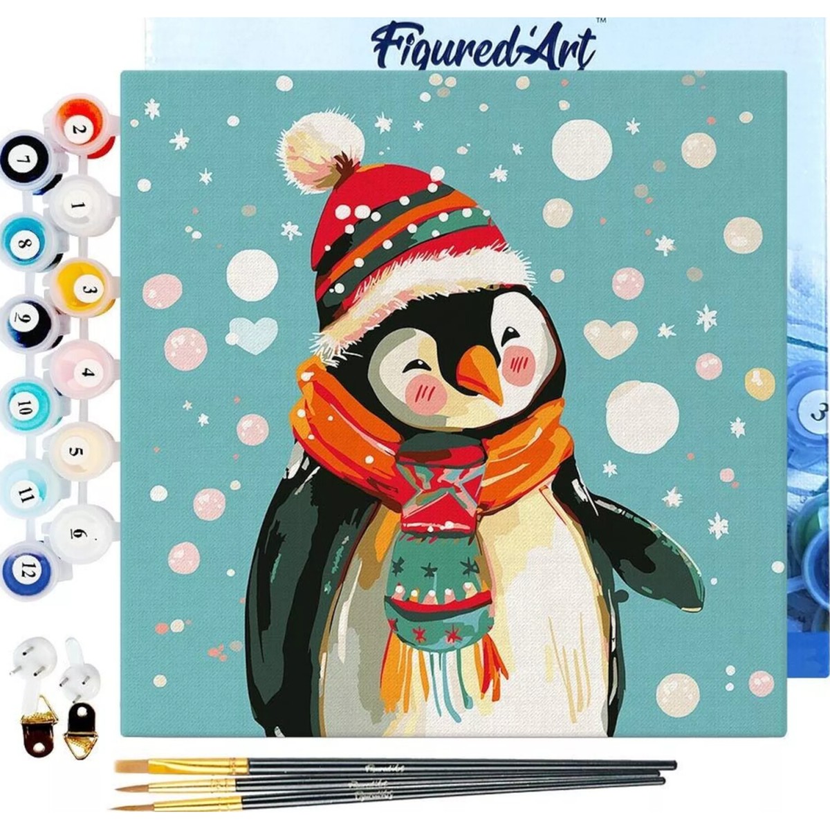 Świąteczne malowanie po numerach - Pingwin - 20 x 20 cm z ramką
