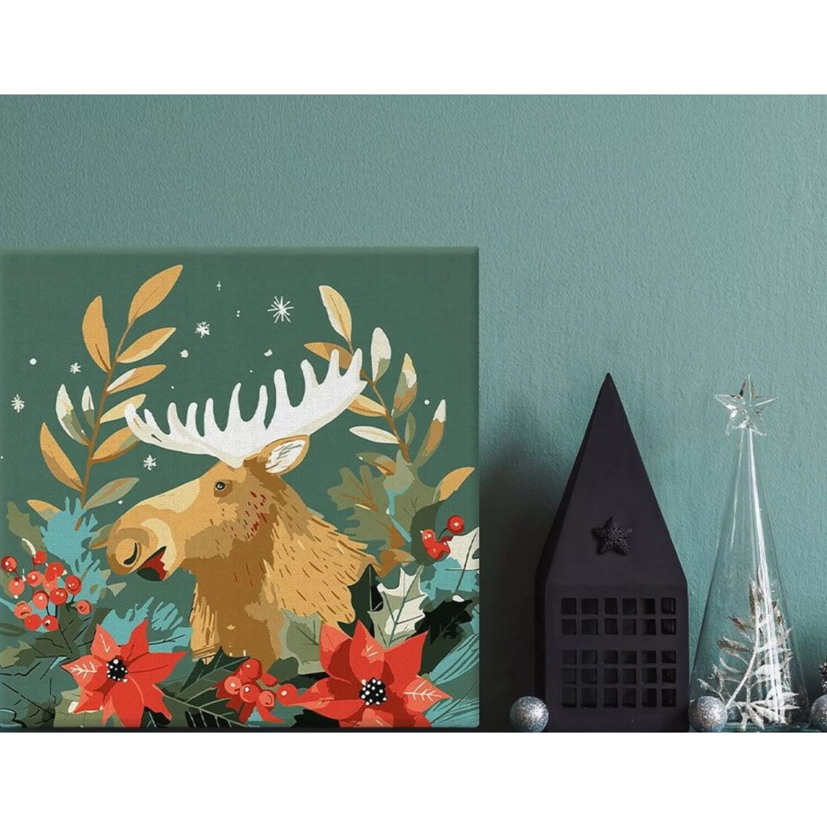 Świąteczne malowanie po numerach - Łoś - 20 x 20 cm z ramką