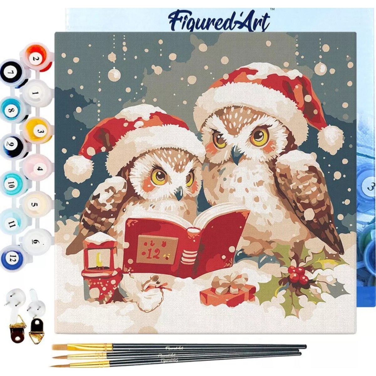 Mini obraz do malowania po numerach 20 x 20 cm z ramką Sowy Święty Mikołaj czyta