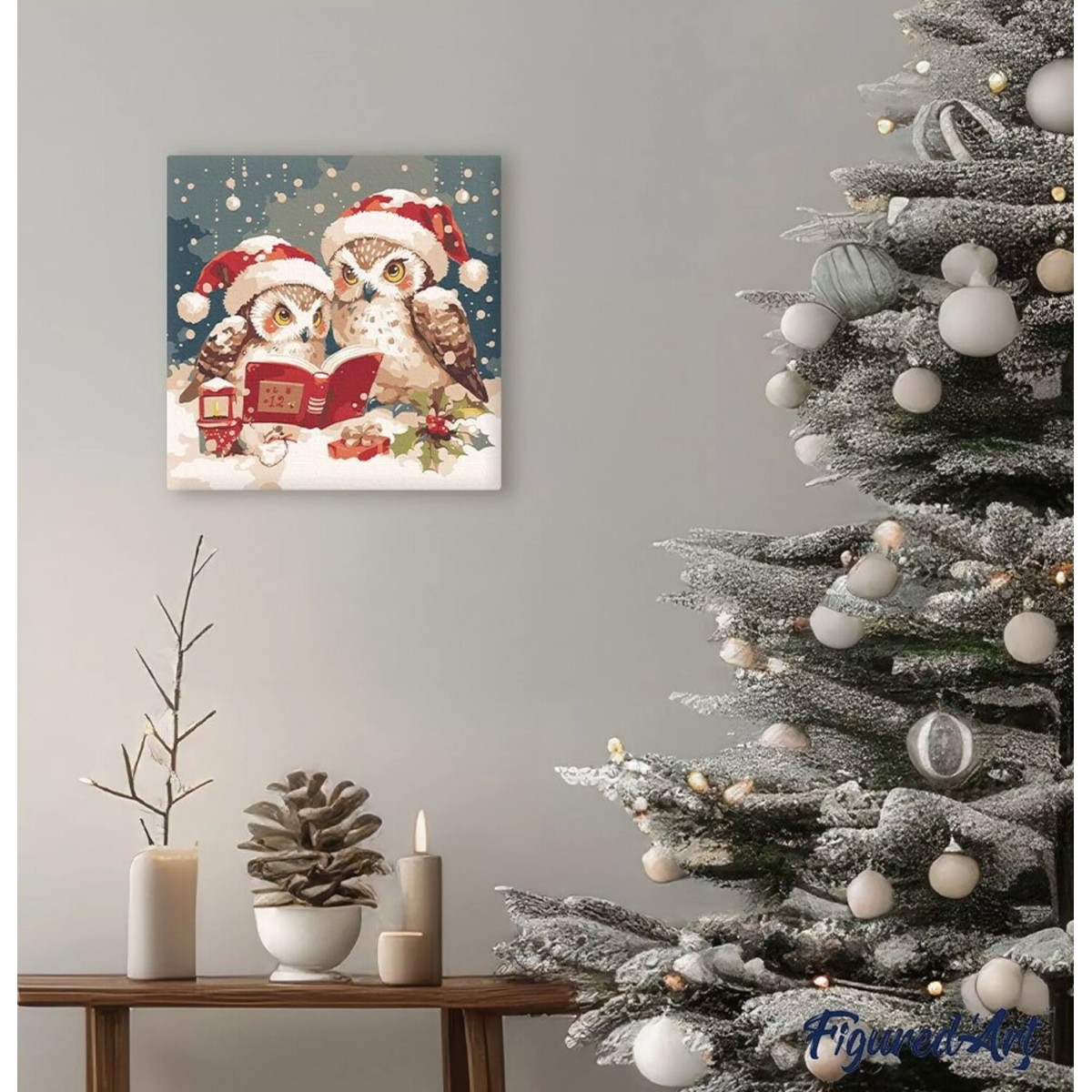 Mini obraz do malowania po numerach 20 x 20 cm z ramką Sowy Święty Mikołaj czyta