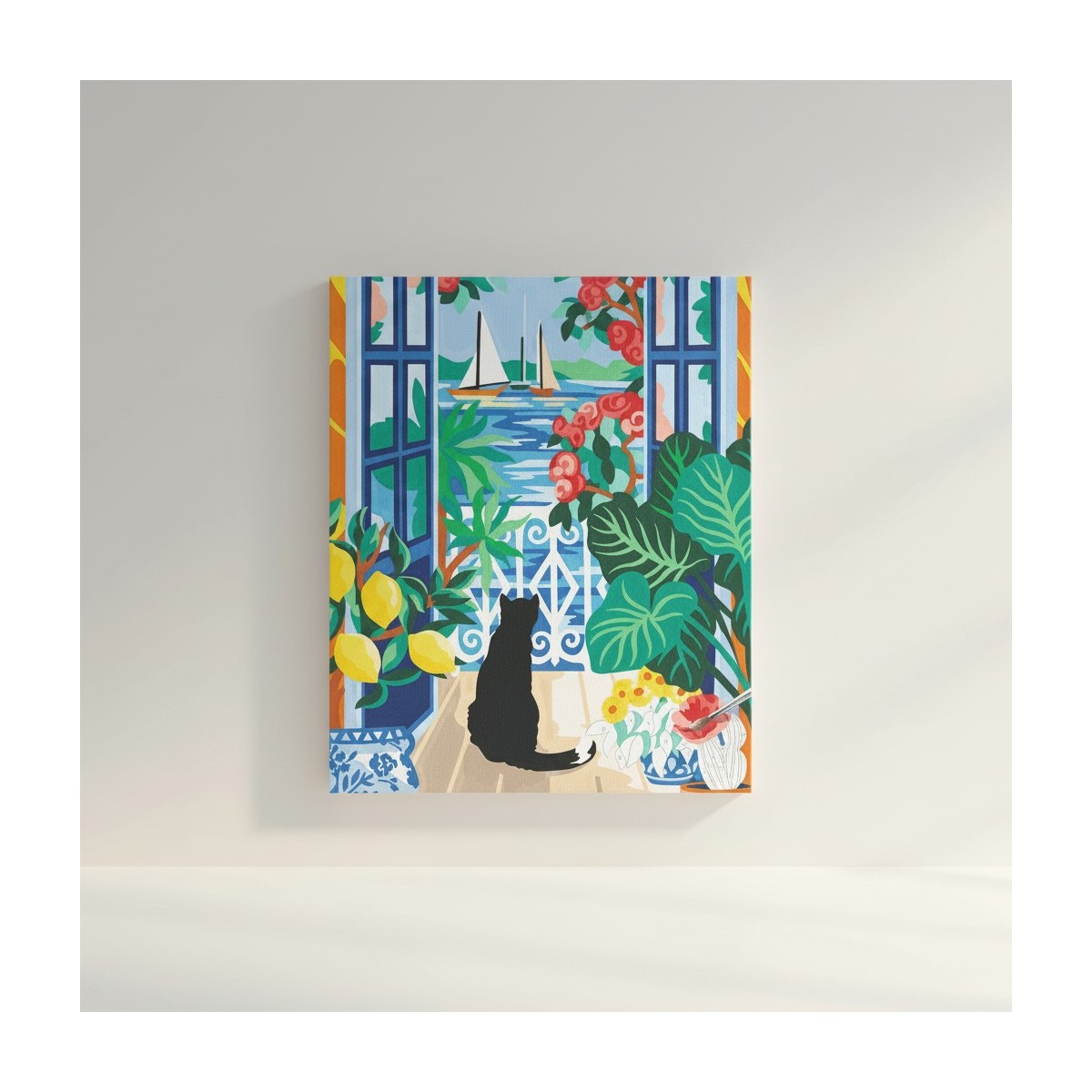 Malowanie po numerach "Kot w oknie" dla początkujących podobrazie 25x32,5cm