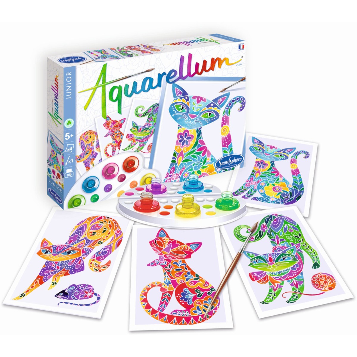 Aquarellum Koty w Kwiaty 4 obrazy do malowania i farby, SentoSphere